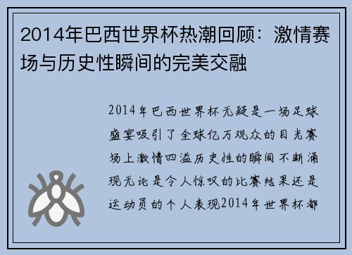 2014年巴西世界杯热潮回顾：激情赛场与历史性瞬间的完美交融